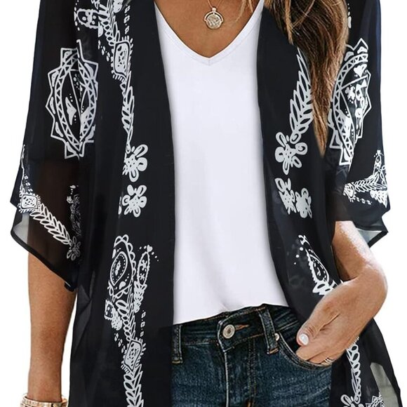 Jewelry - Women's Floral Print Puff Sleeve Kimono Cardigan Loose Cover Up Casual Blouse To